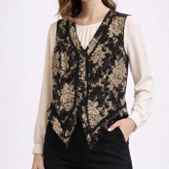 American Vintage Tops - American vintage Judy Knapp Black Floral Tapestry Vest M Asym Hem Lace Trim